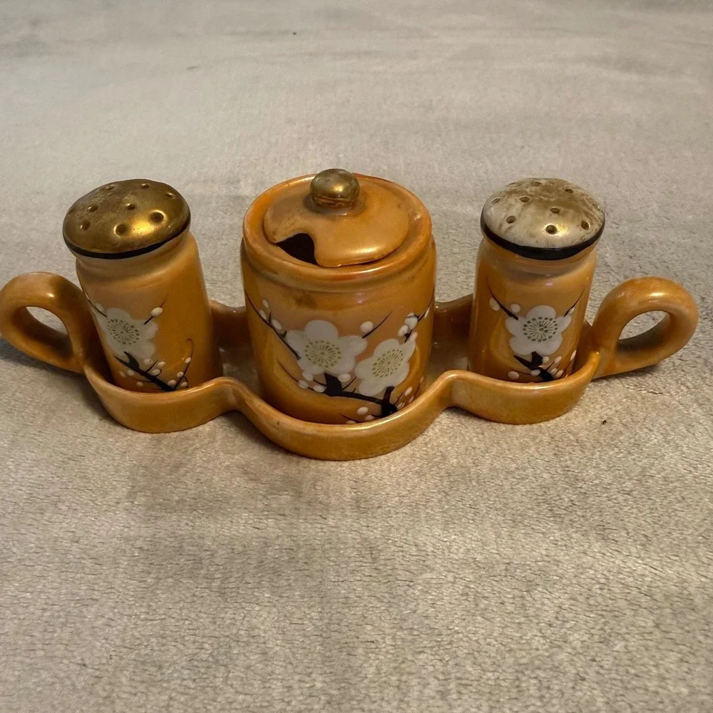 Vintage Japanese Lusterware Condiment Set Cherry Blossom Tray Made‎ in Japan